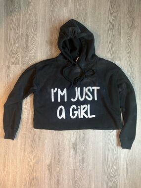 Source Unknown Black Cropped Hoodie with White "I'm Just a Girl" Graphic